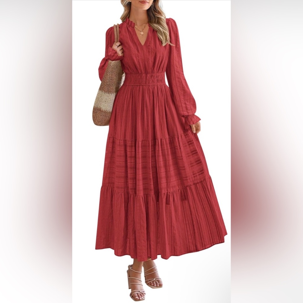 PRETTYGARDEN 2025 Fall Long Sleeve VNeck Flowy Elegant Holiday Dress with Pocket